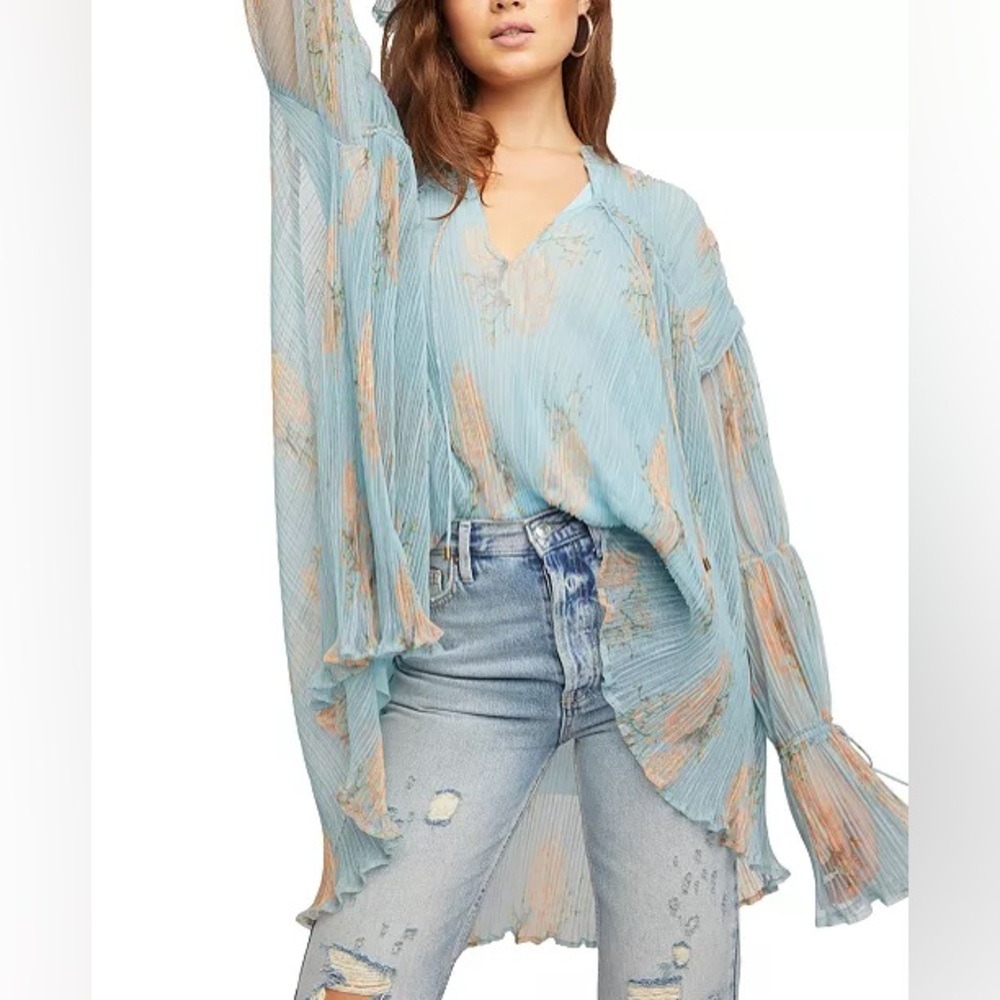 Free People | Dahlia Tunic Top | Light Blue & Peach Plisse Blouse